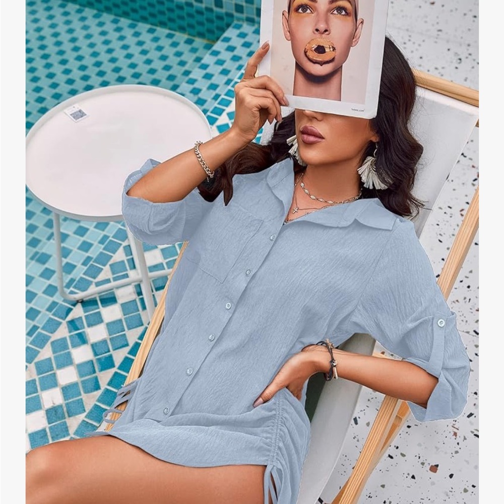 Light Blue Button-Up Swim Cover-Up - Picture 4 of 6
